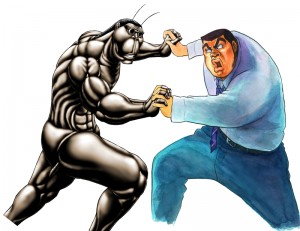 「テラフォーマーズ」のテラフォーマー（左）と「俺物語!!」の剛田猛男のコラボポスター用イラスト。